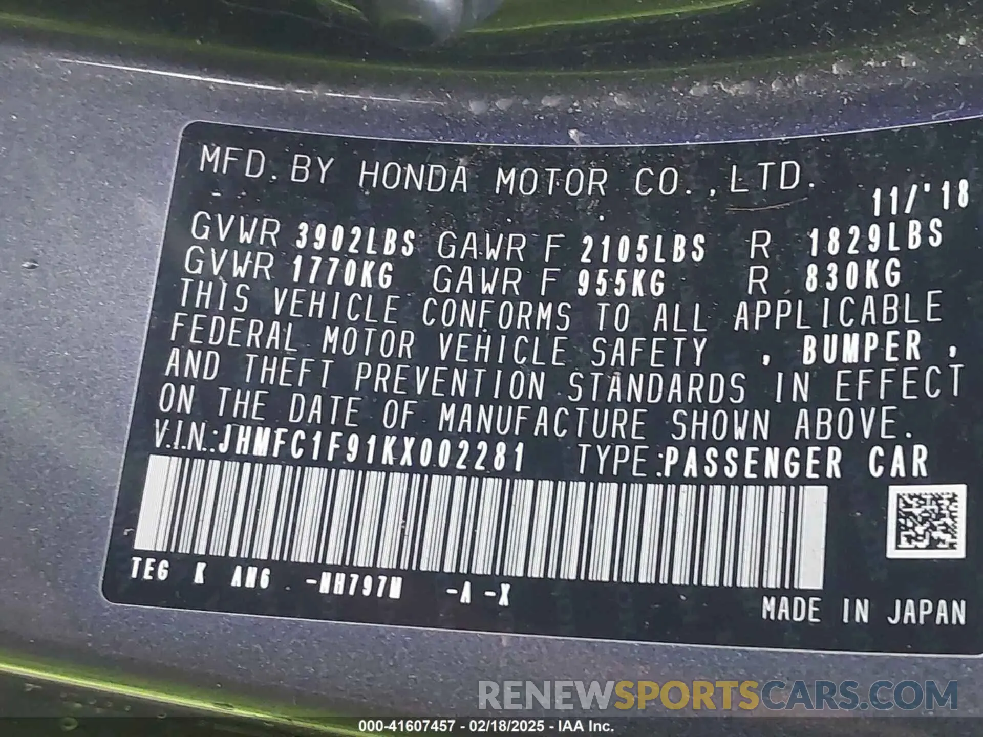 9 fotografías del automóvil dañado JHMFC1F91KX002281 HONDA CIVIC 2019