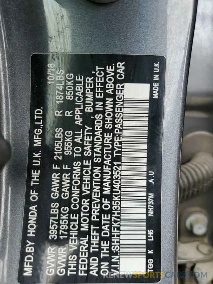 13 fotografías del automóvil dañado SHHFK7H35KU403521 HONDA CIVIC 2019