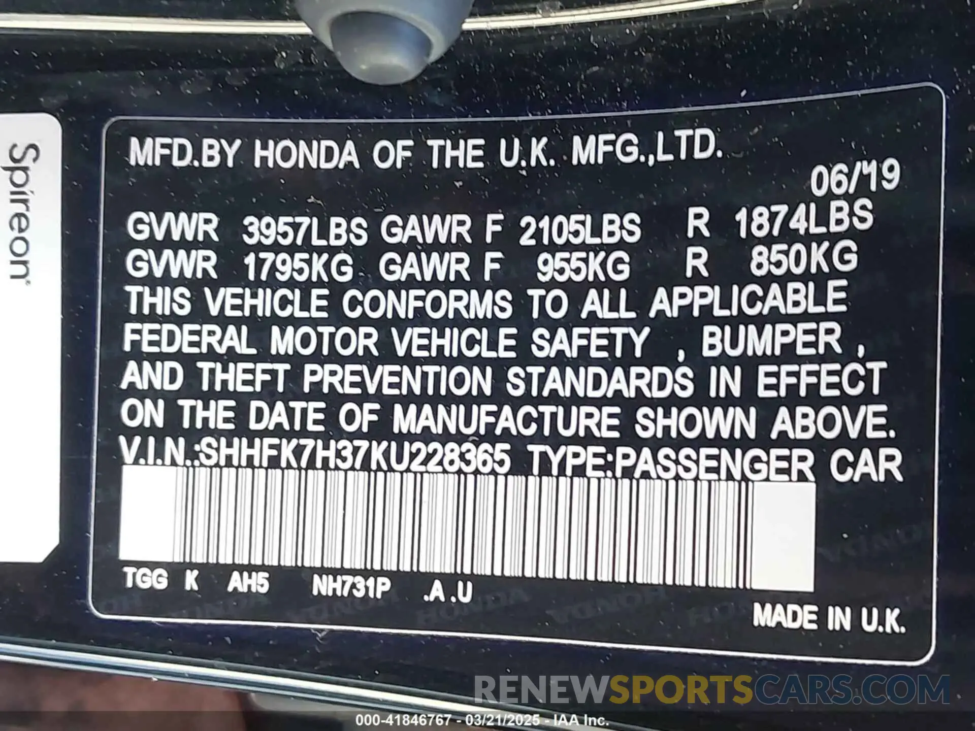 9 fotografías del automóvil dañado SHHFK7H37KU228365 HONDA CIVIC 2019