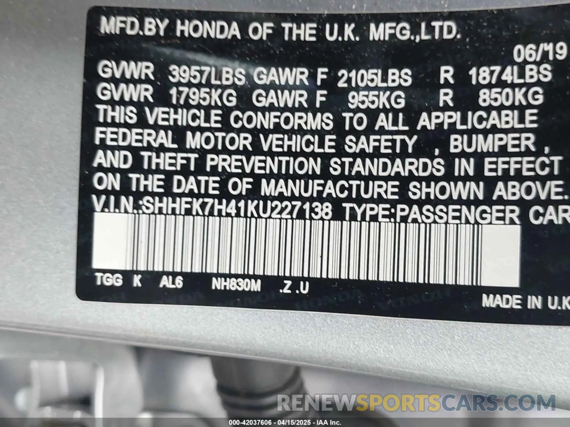 9 fotografías del automóvil dañado SHHFK7H41KU227138 HONDA CIVIC 2019