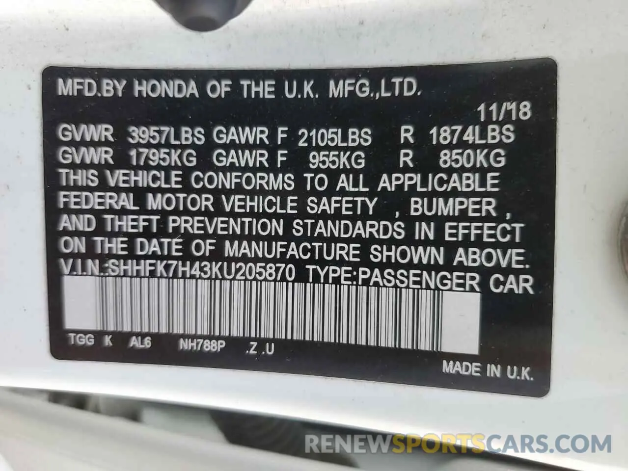 12 fotografías del automóvil dañado SHHFK7H43KU205870 HONDA CIVIC 2019