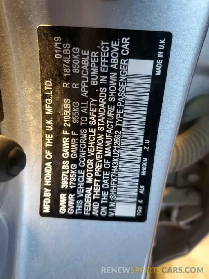 12 fotografías del automóvil dañado SHHFK7H43KU212592 HONDA CIVIC 2019