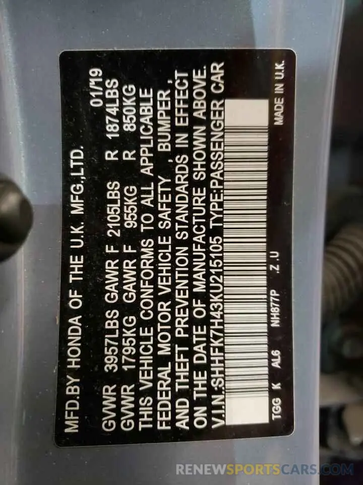 14 fotografías del automóvil dañado SHHFK7H43KU215105 HONDA CIVIC 2019