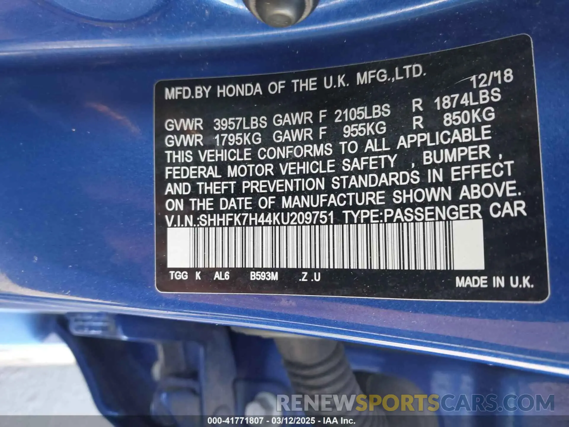 9 fotografías del automóvil dañado SHHFK7H44KU209751 HONDA CIVIC 2019