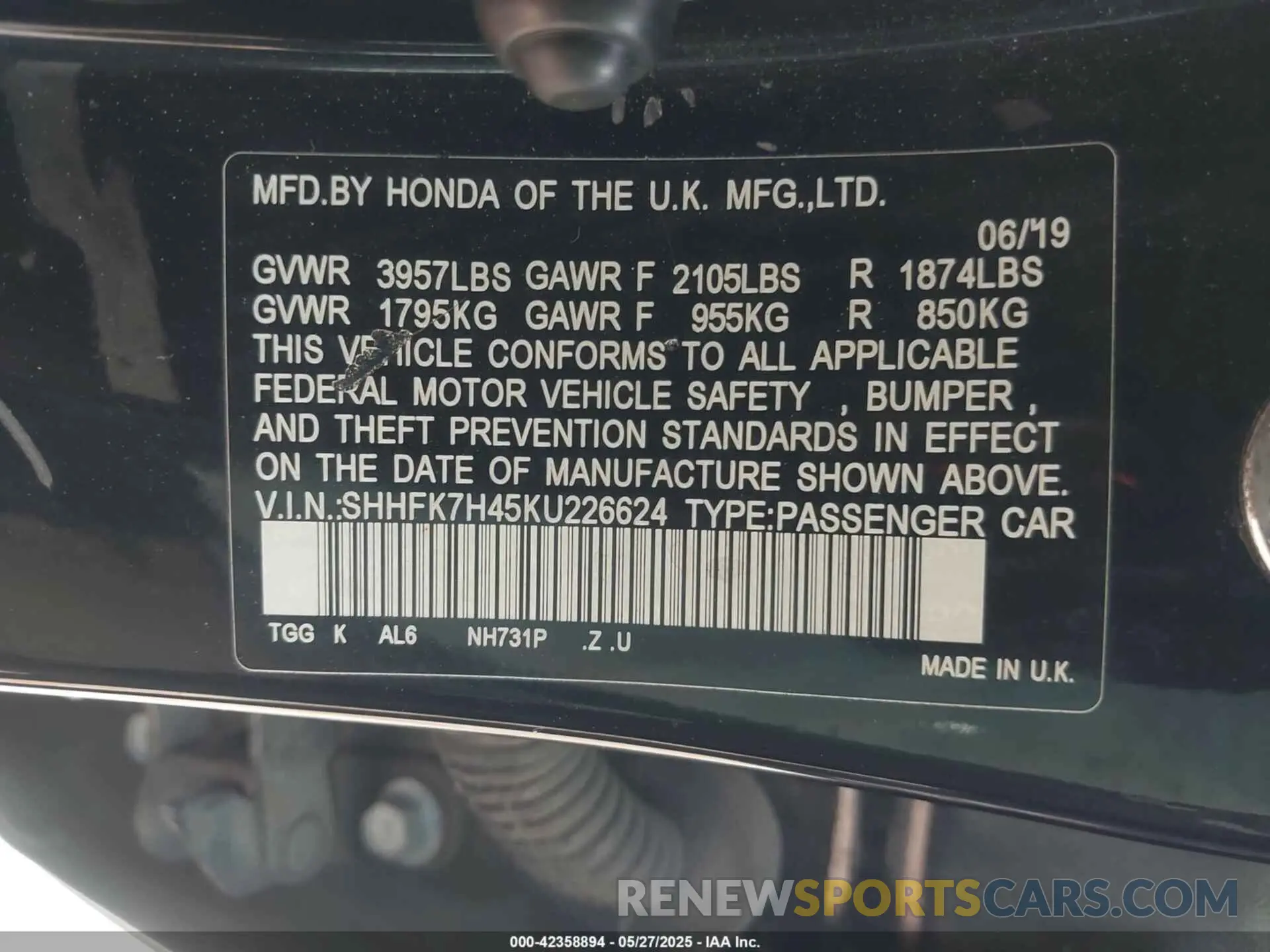 9 fotografías del automóvil dañado SHHFK7H45KU226624 HONDA CIVIC 2019