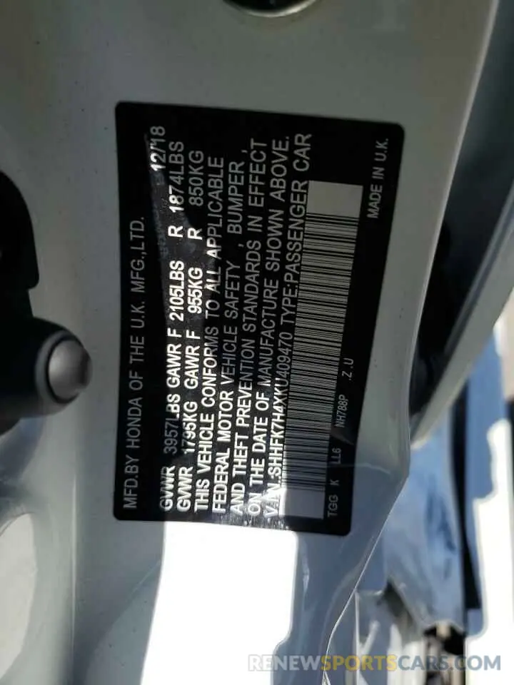 12 fotografías del automóvil dañado SHHFK7H4XKU409470 HONDA CIVIC 2019
