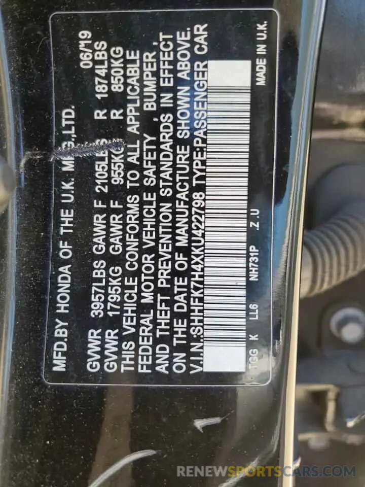 12 fotografías del automóvil dañado SHHFK7H4XKU422798 HONDA CIVIC 2019