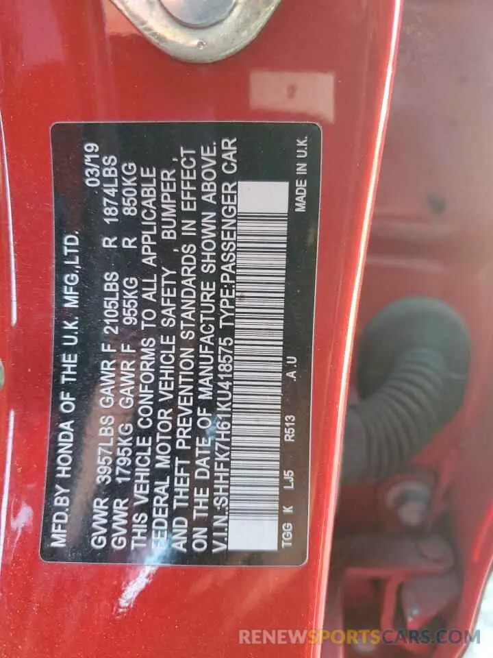 12 fotografías del automóvil dañado SHHFK7H61KU418575 HONDA CIVIC 2019