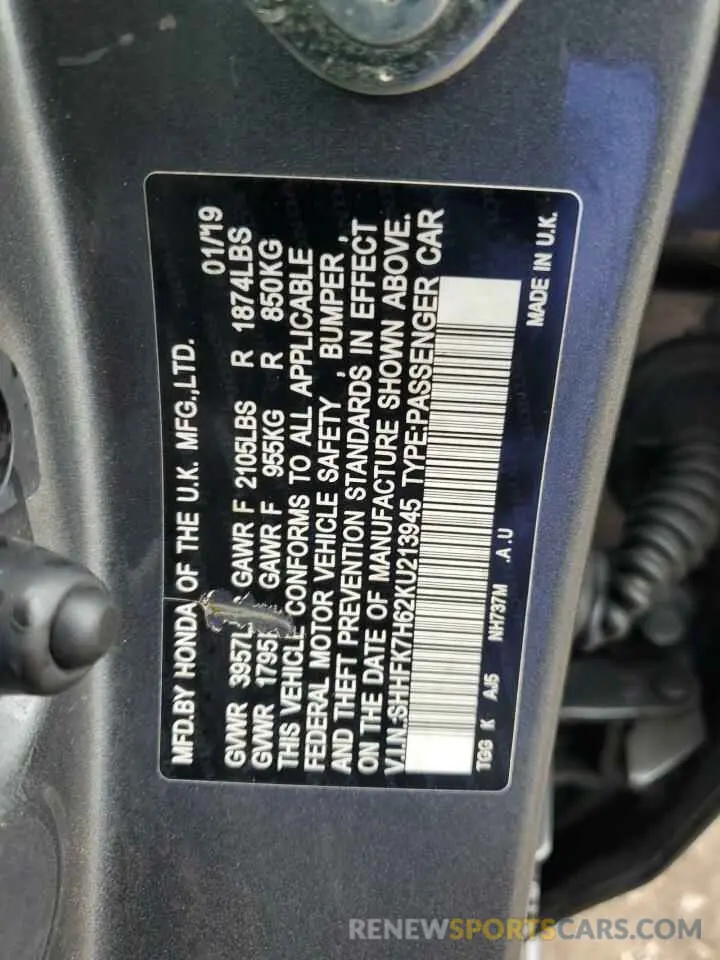12 fotografías del automóvil dañado SHHFK7H62KU213945 HONDA CIVIC 2019