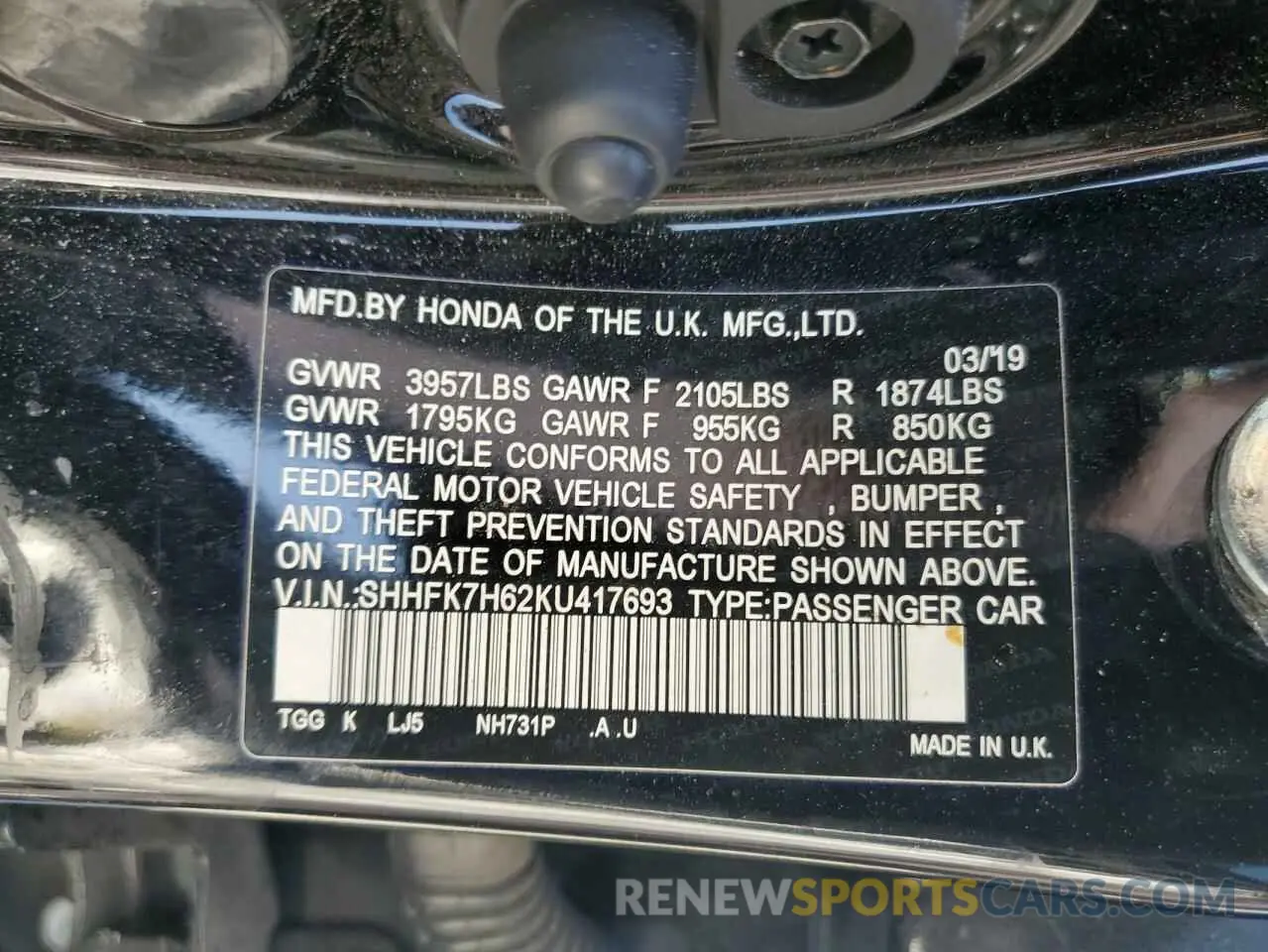 12 fotografías del automóvil dañado SHHFK7H62KU417693 HONDA CIVIC 2019