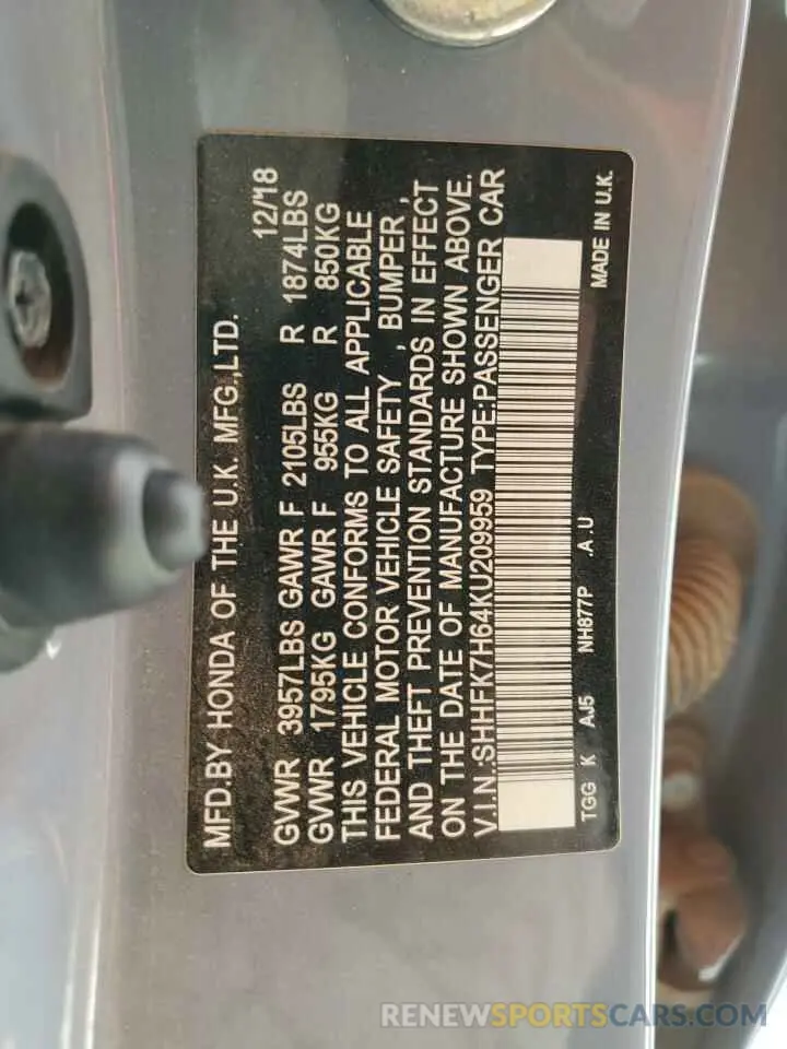 12 fotografías del automóvil dañado SHHFK7H64KU209959 HONDA CIVIC 2019