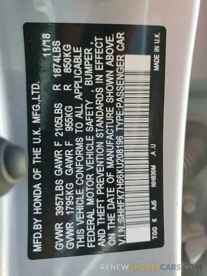 12 fotografías del automóvil dañado SHHFK7H66KU208196 HONDA CIVIC 2019