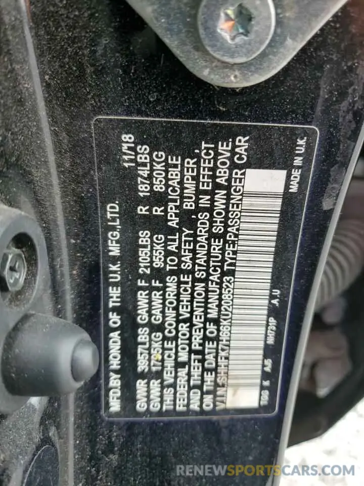 14 fotografías del automóvil dañado SHHFK7H66KU208523 HONDA CIVIC 2019
