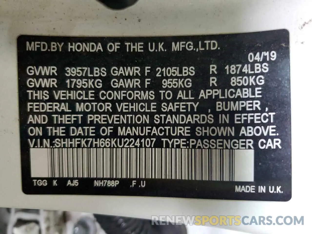 13 fotografías del automóvil dañado SHHFK7H66KU224107 HONDA CIVIC 2019