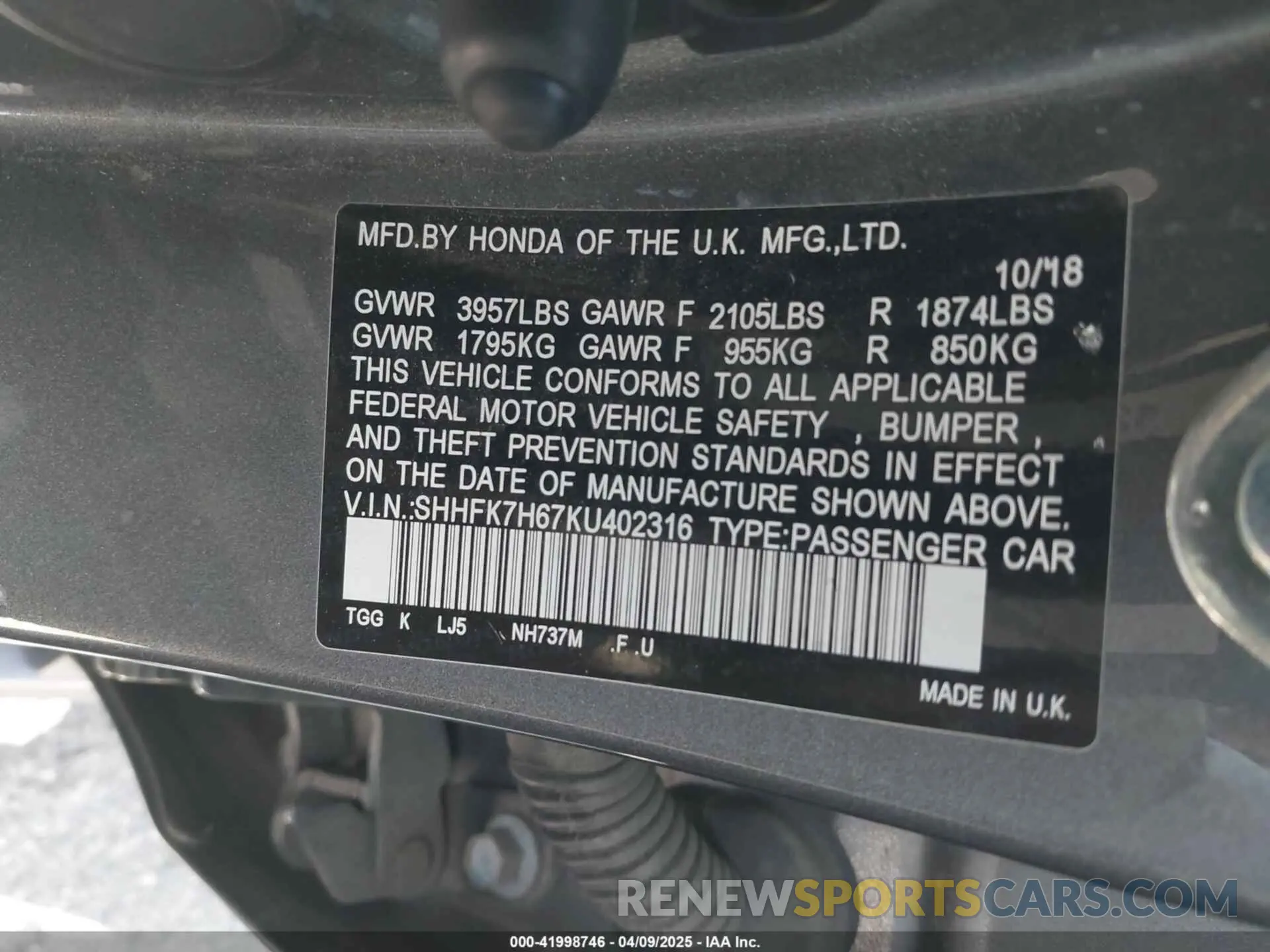 9 fotografías del automóvil dañado SHHFK7H67KU402316 HONDA CIVIC 2019