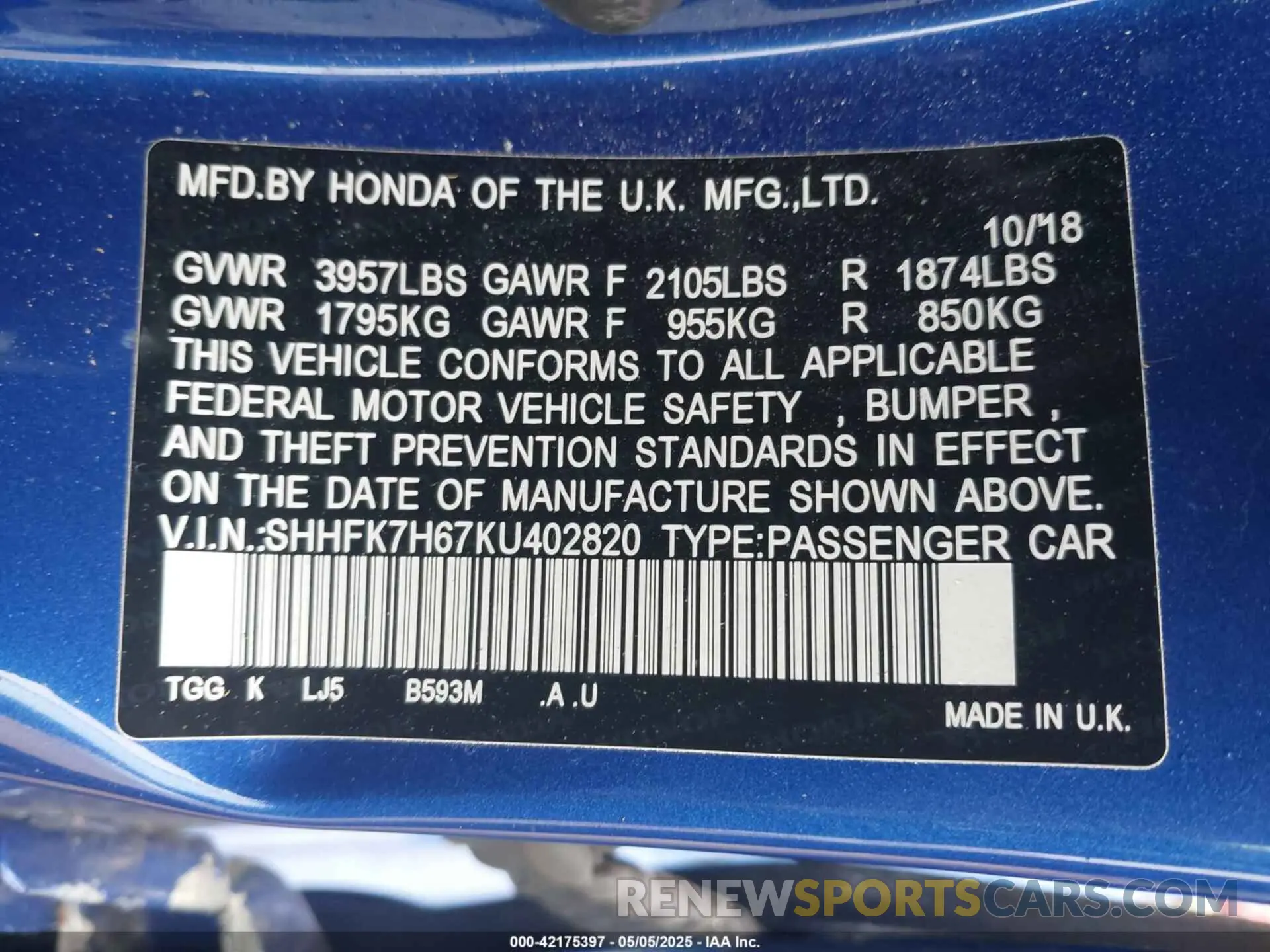 9 fotografías del automóvil dañado SHHFK7H67KU402820 HONDA CIVIC 2019
