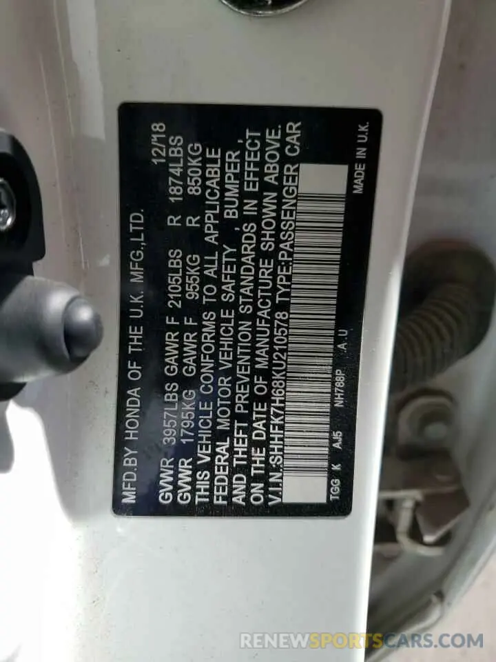 14 fotografías del automóvil dañado SHHFK7H68KU210578 HONDA CIVIC 2019