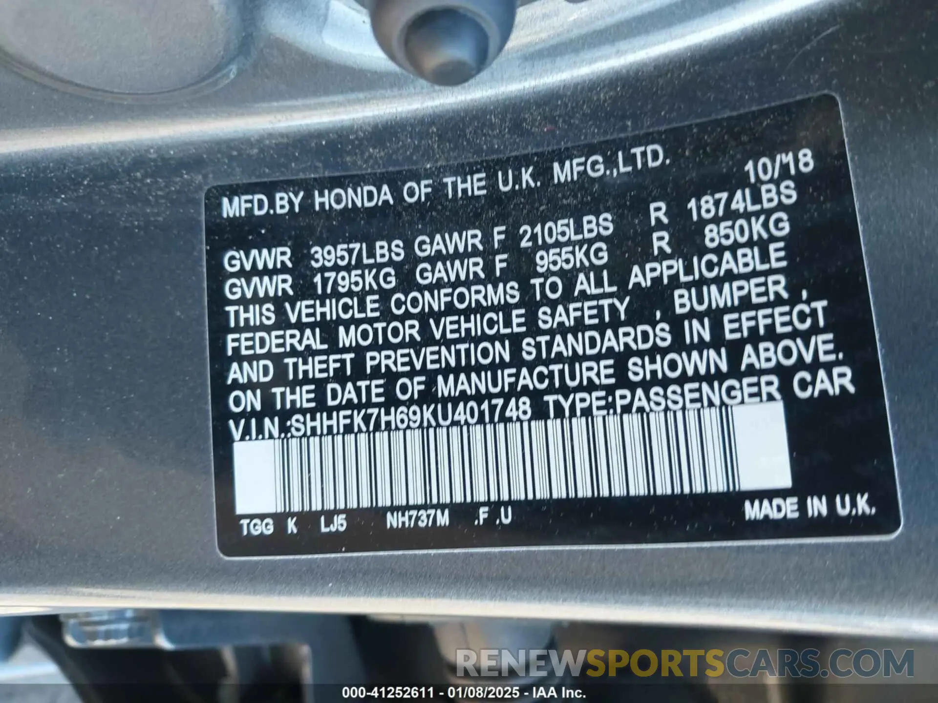9 fotografías del automóvil dañado SHHFK7H69KU401748 HONDA CIVIC 2019