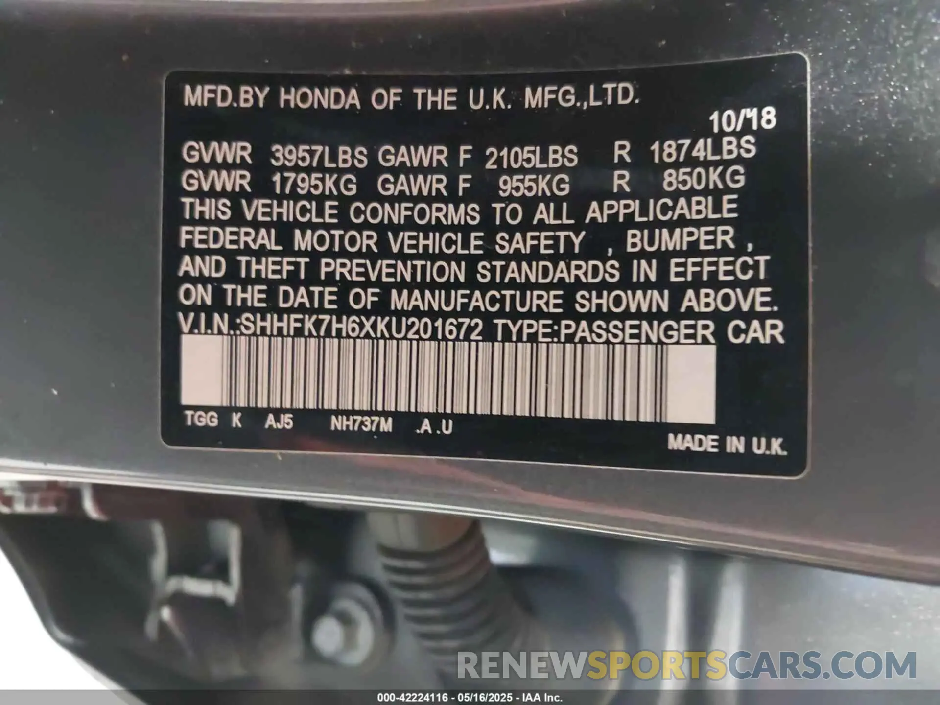 9 fotografías del automóvil dañado SHHFK7H6XKU201672 HONDA CIVIC 2019