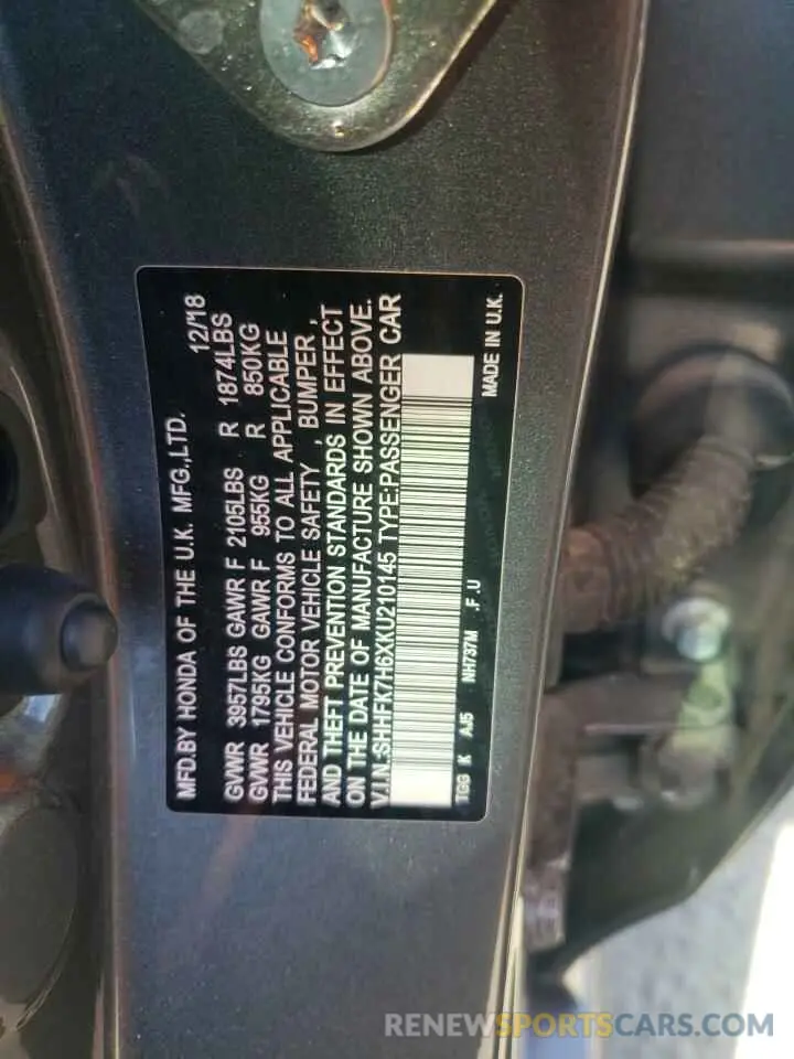 12 fotografías del automóvil dañado SHHFK7H6XKU210145 HONDA CIVIC 2019