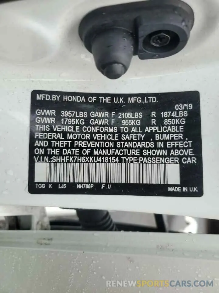 14 fotografías del automóvil dañado SHHFK7H6XKU418154 HONDA CIVIC 2019