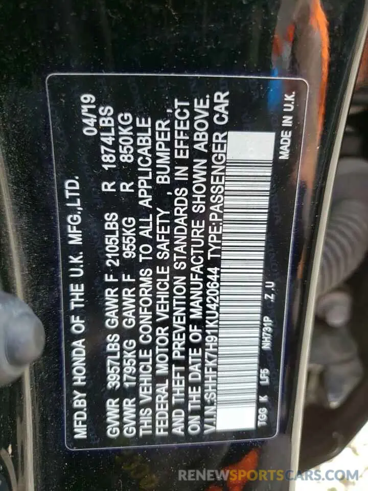 12 fotografías del automóvil dañado SHHFK7H91KU420644 HONDA CIVIC 2019
