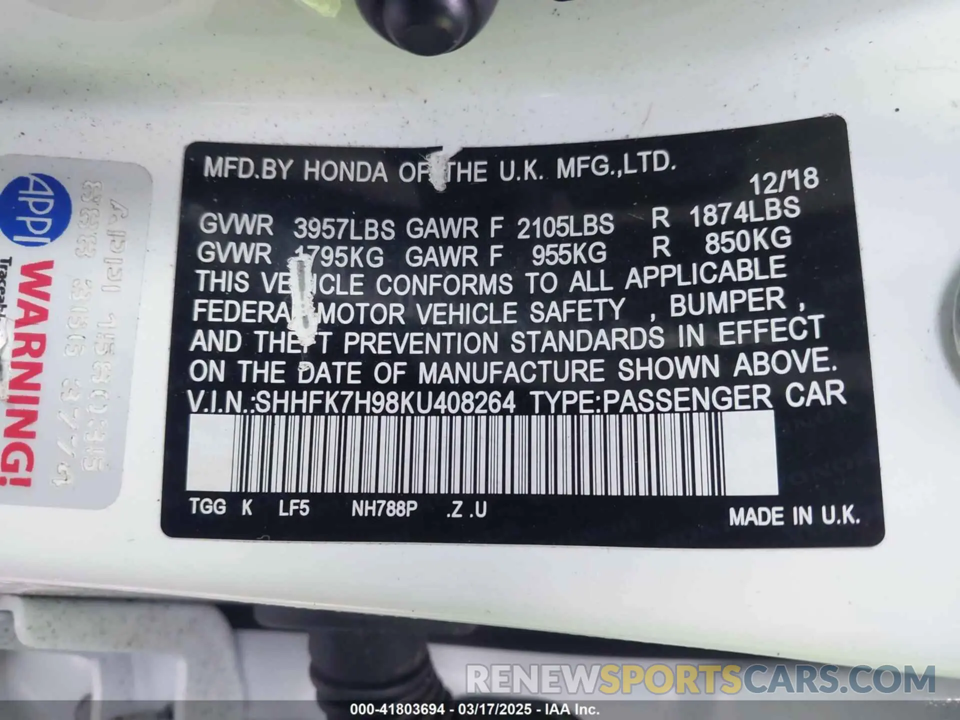 9 fotografías del automóvil dañado SHHFK7H98KU408264 HONDA CIVIC 2019