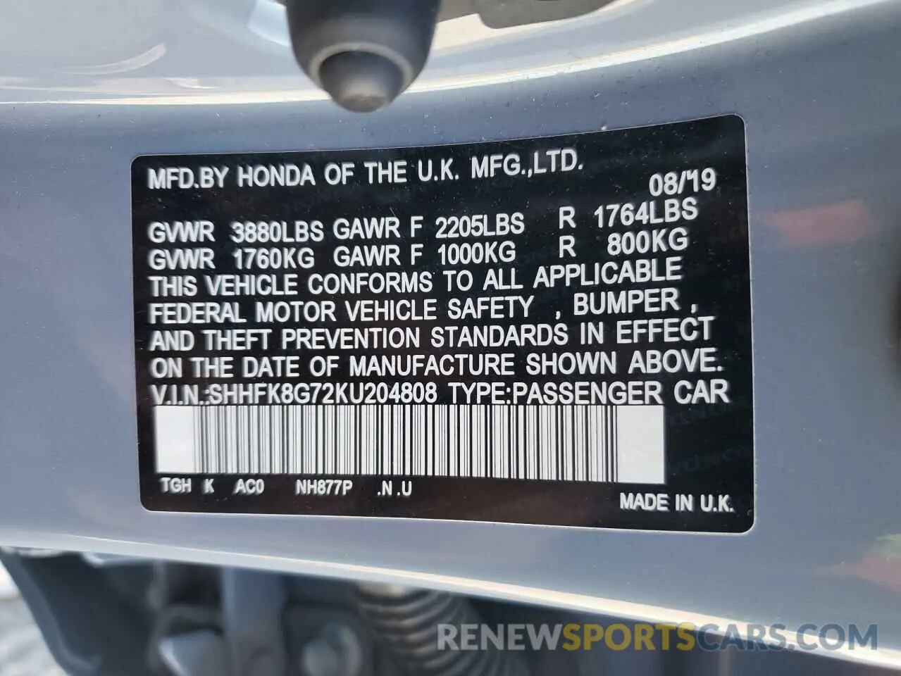 12 fotografías del automóvil dañado SHHFK8G72KU204808 HONDA CIVIC 2019
