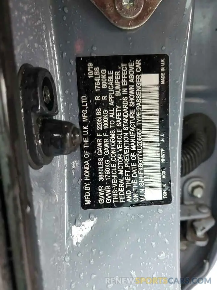 12 fotografías del automóvil dañado SHHFK8G77KU206067 HONDA CIVIC 2019