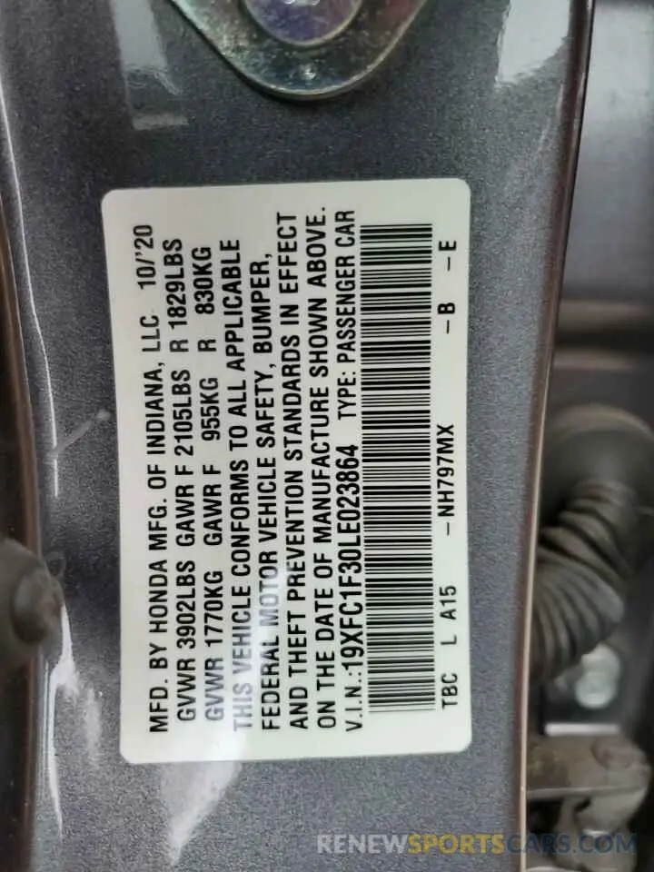 12 fotografías del automóvil dañado 19XFC1F30LE023864 HONDA CIVIC 2020