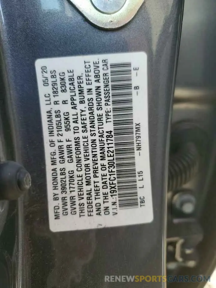 15 fotografías del automóvil dañado 19XFC1F30LE211784 HONDA CIVIC 2020