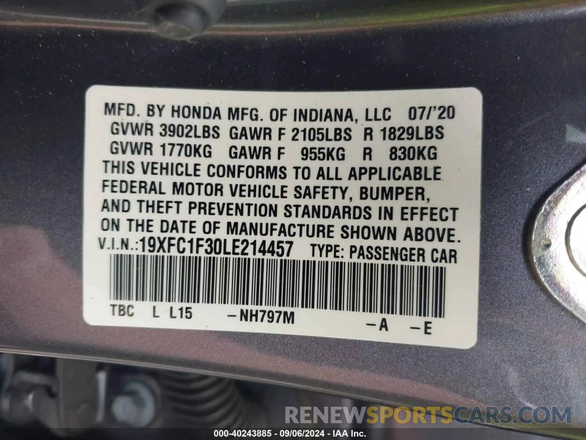 9 fotografías del automóvil dañado 19XFC1F30LE214457 HONDA CIVIC 2020