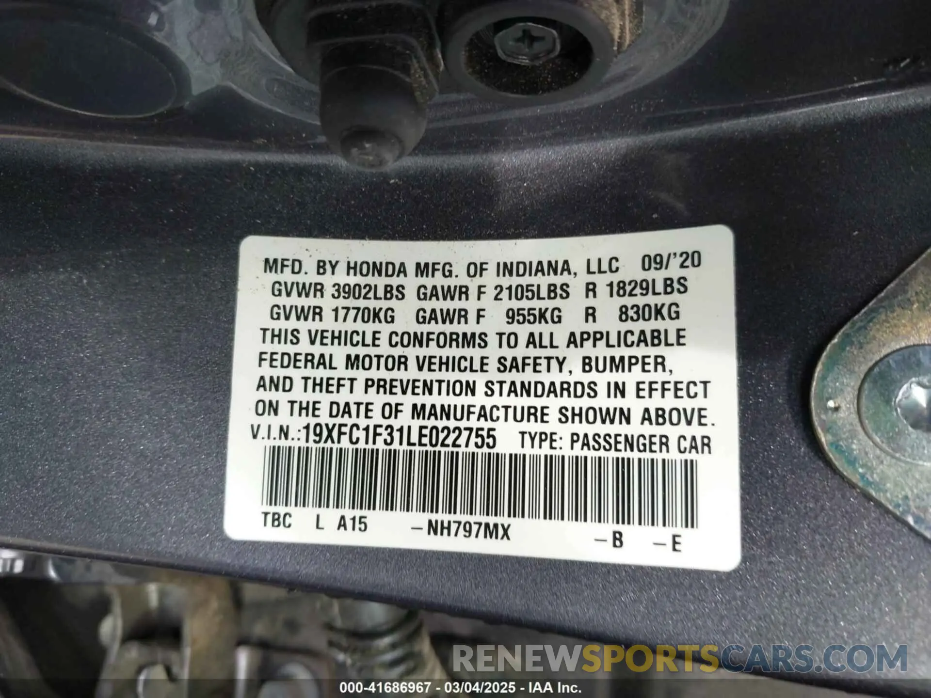 9 fotografías del automóvil dañado 19XFC1F31LE022755 HONDA CIVIC 2020