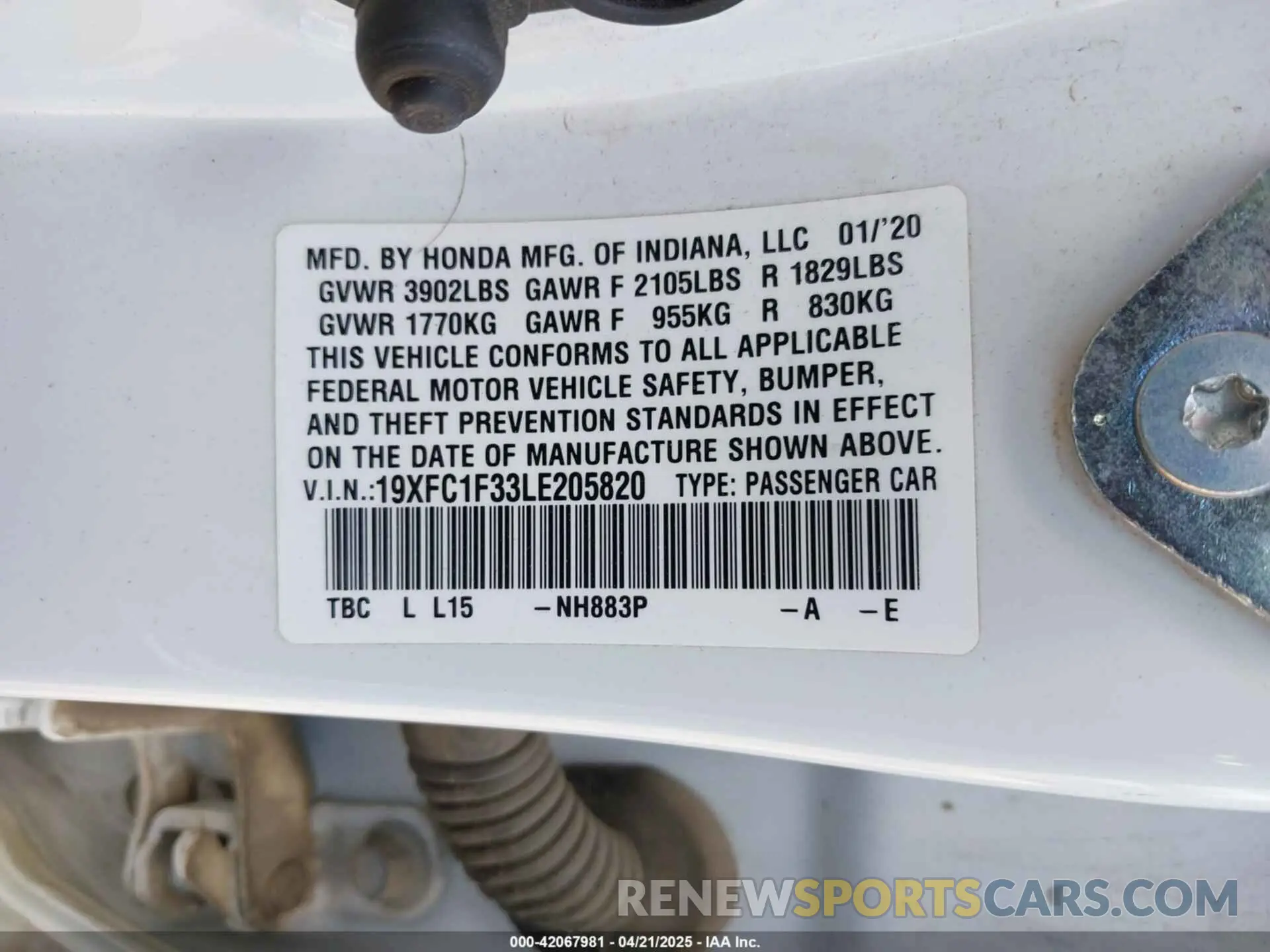 9 fotografías del automóvil dañado 19XFC1F33LE205820 HONDA CIVIC 2020