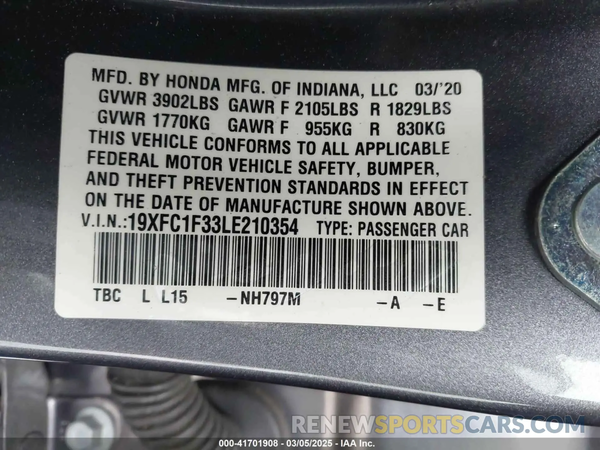 9 fotografías del automóvil dañado 19XFC1F33LE210354 HONDA CIVIC 2020