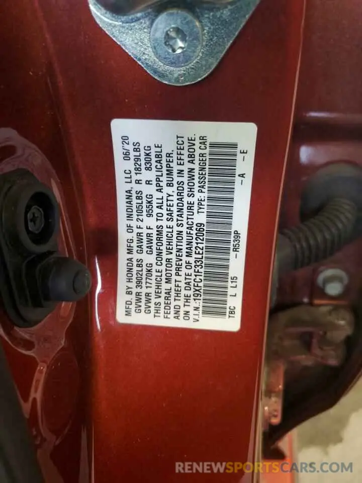 12 fotografías del automóvil dañado 19XFC1F33LE212069 HONDA CIVIC 2020