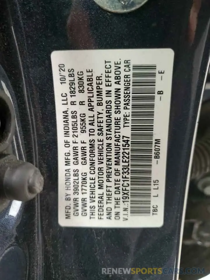 14 fotografías del automóvil dañado 19XFC1F33LE221547 HONDA CIVIC 2020