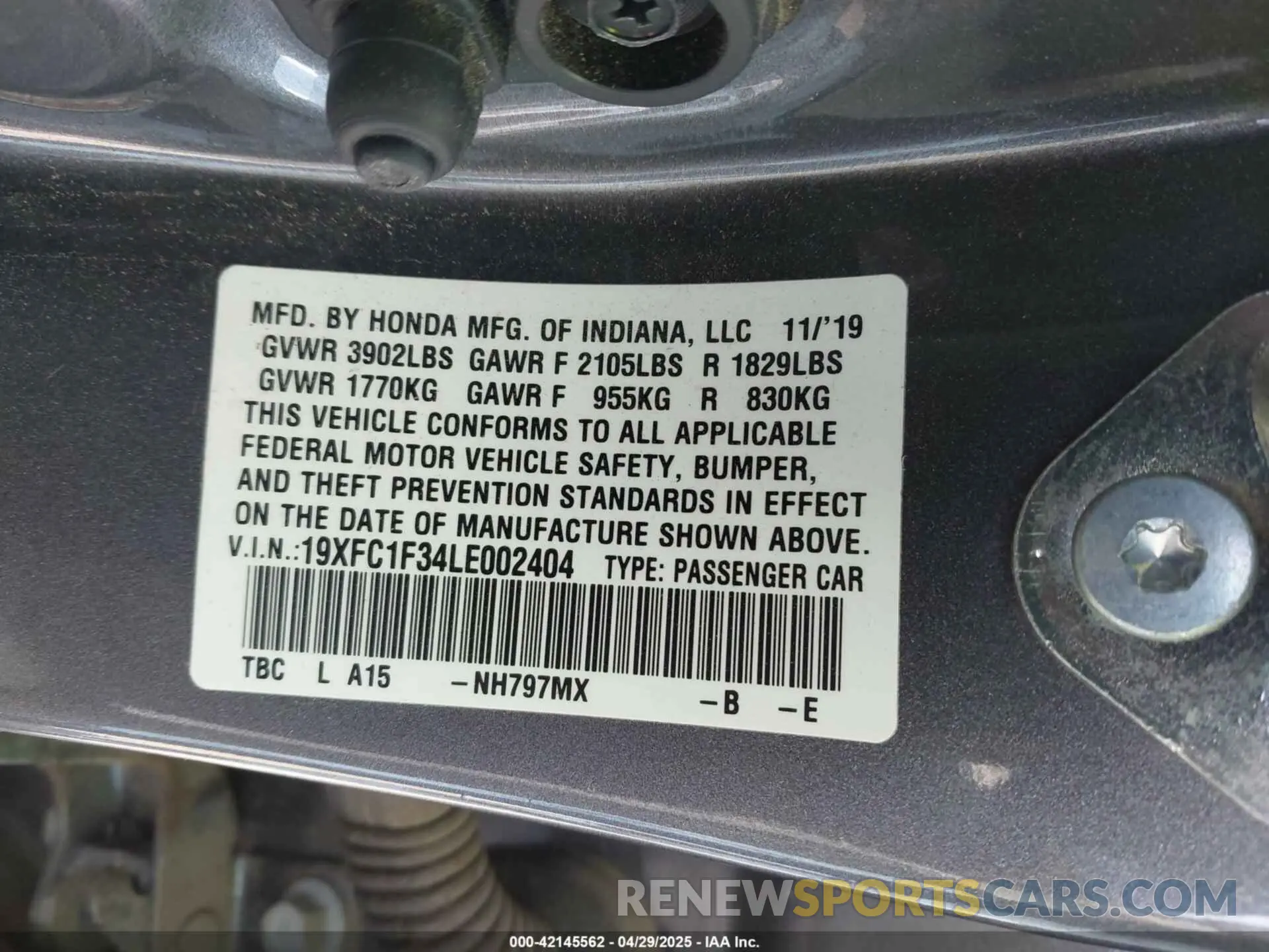 9 fotografías del automóvil dañado 19XFC1F34LE002404 HONDA CIVIC 2020