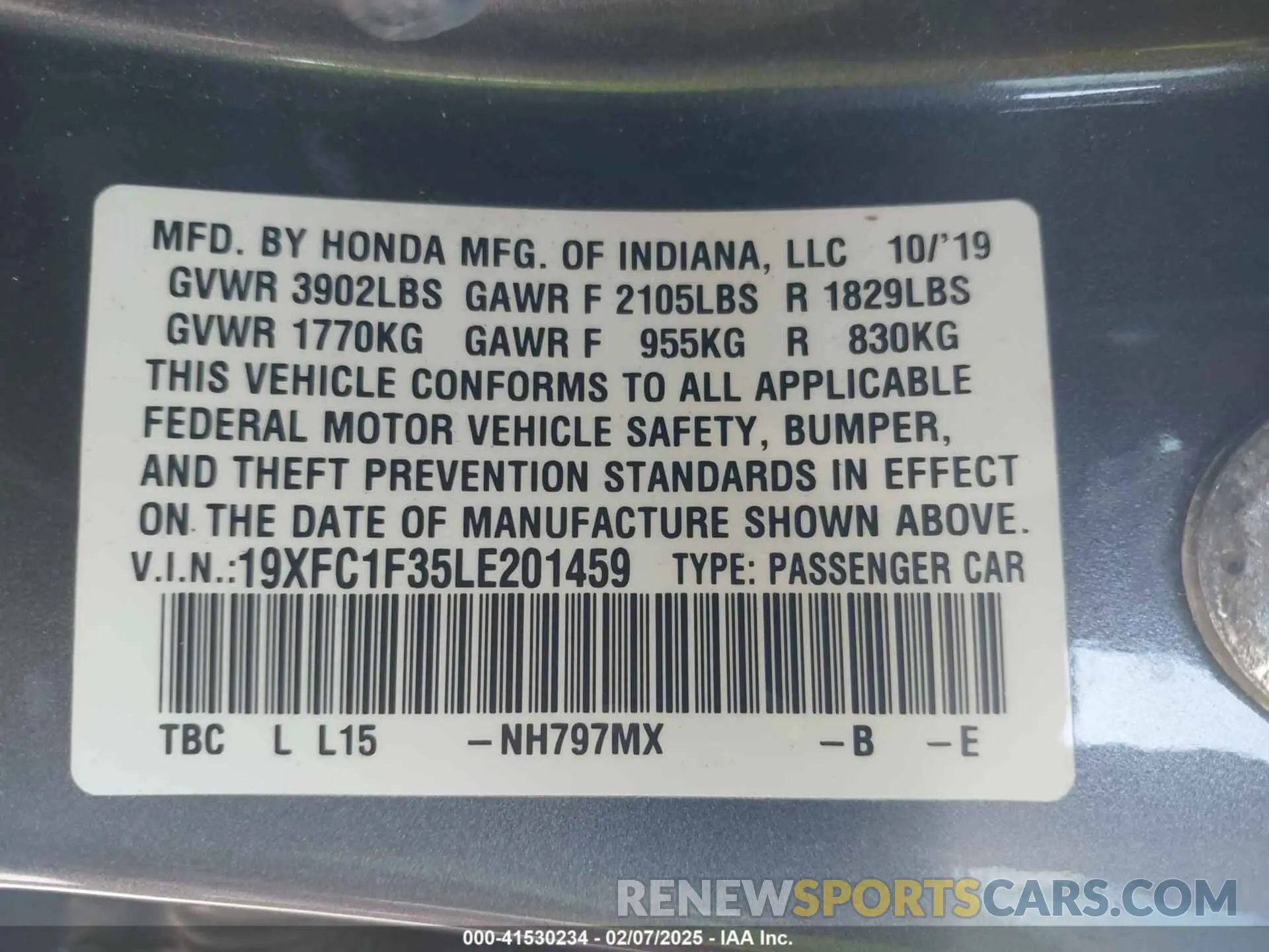 9 fotografías del automóvil dañado 19XFC1F35LE201459 HONDA CIVIC 2020