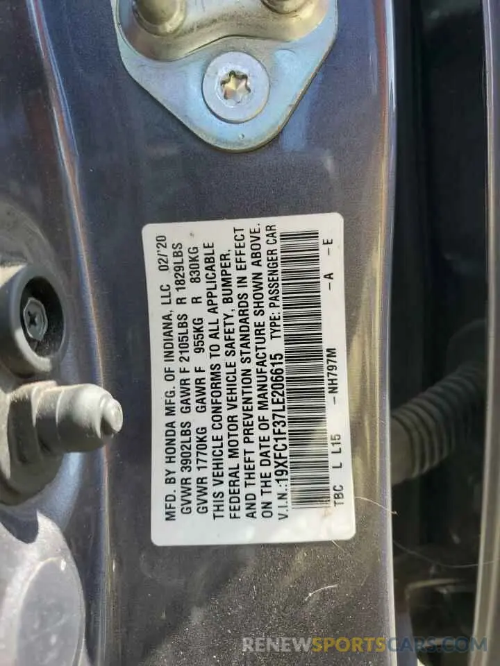 12 fotografías del automóvil dañado 19XFC1F37LE206615 HONDA CIVIC 2020
