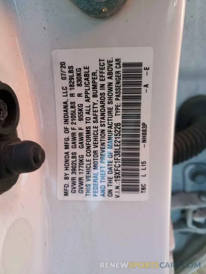14 fotografías del automóvil dañado 19XFC1F38LE215226 HONDA CIVIC 2020