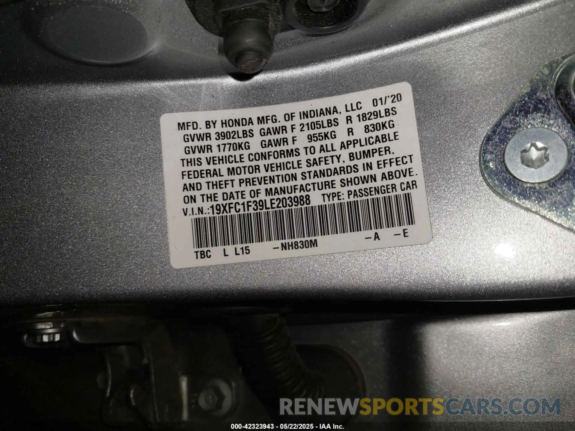 9 fotografías del automóvil dañado 19XFC1F39LE203988 HONDA CIVIC 2020