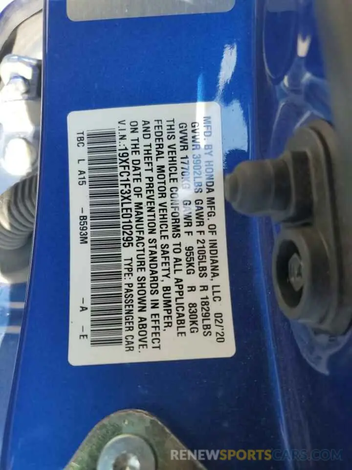 12 fotografías del automóvil dañado 19XFC1F3XLE010295 HONDA CIVIC 2020