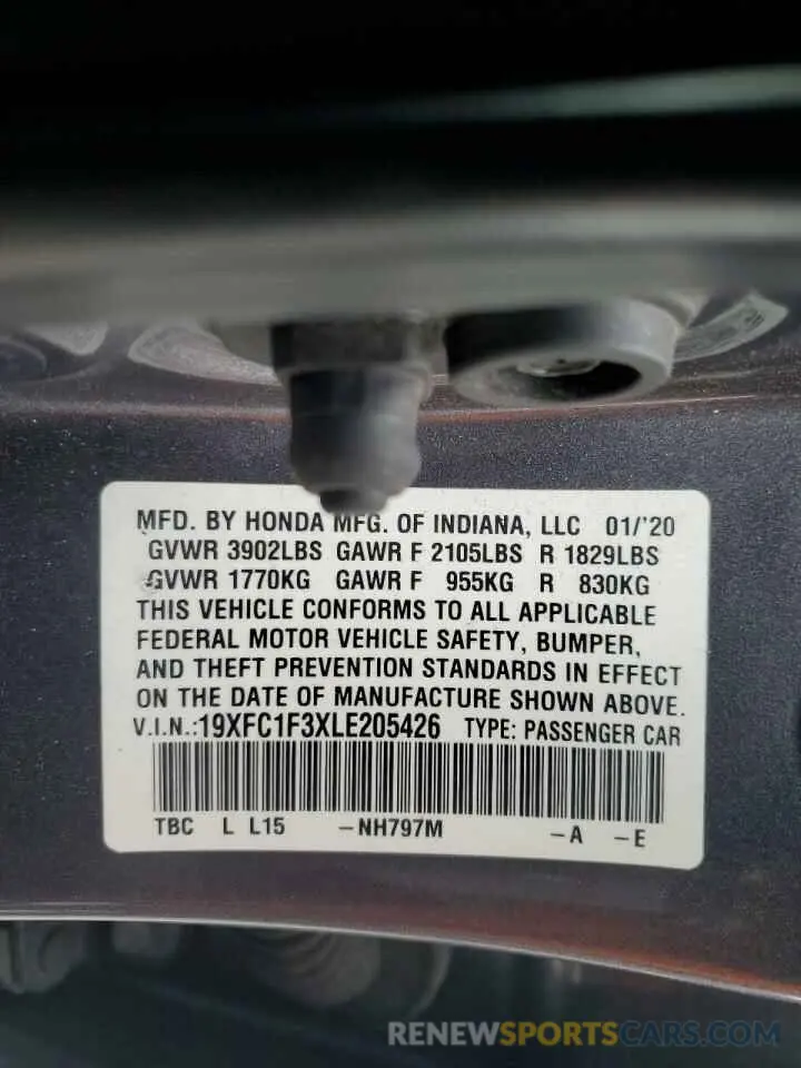 12 fotografías del automóvil dañado 19XFC1F3XLE205426 HONDA CIVIC 2020