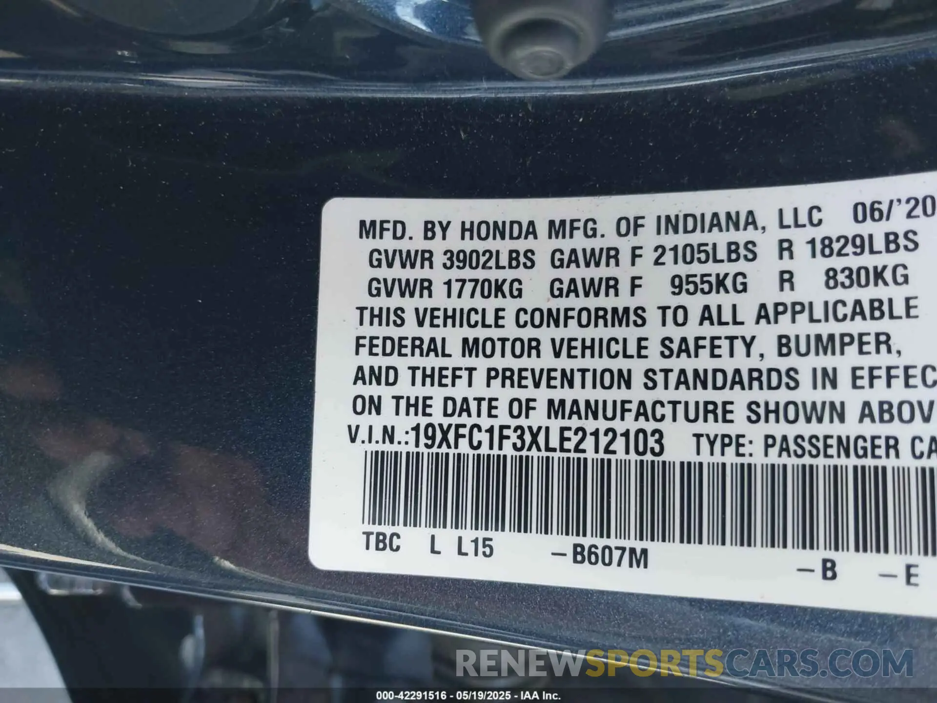9 fotografías del automóvil dañado 19XFC1F3XLE212103 HONDA CIVIC 2020