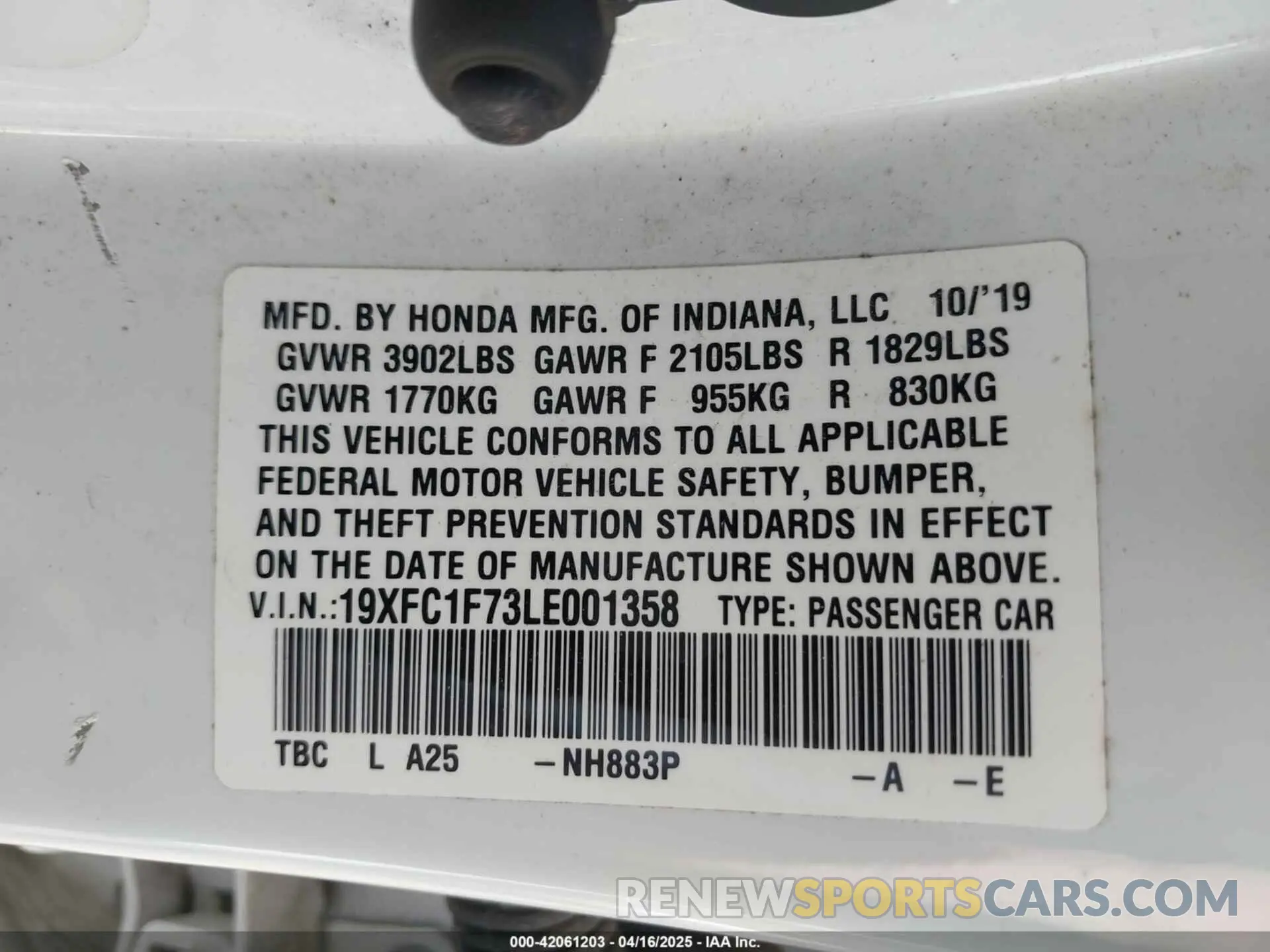 9 fotografías del automóvil dañado 19XFC1F73LE001358 HONDA CIVIC 2020