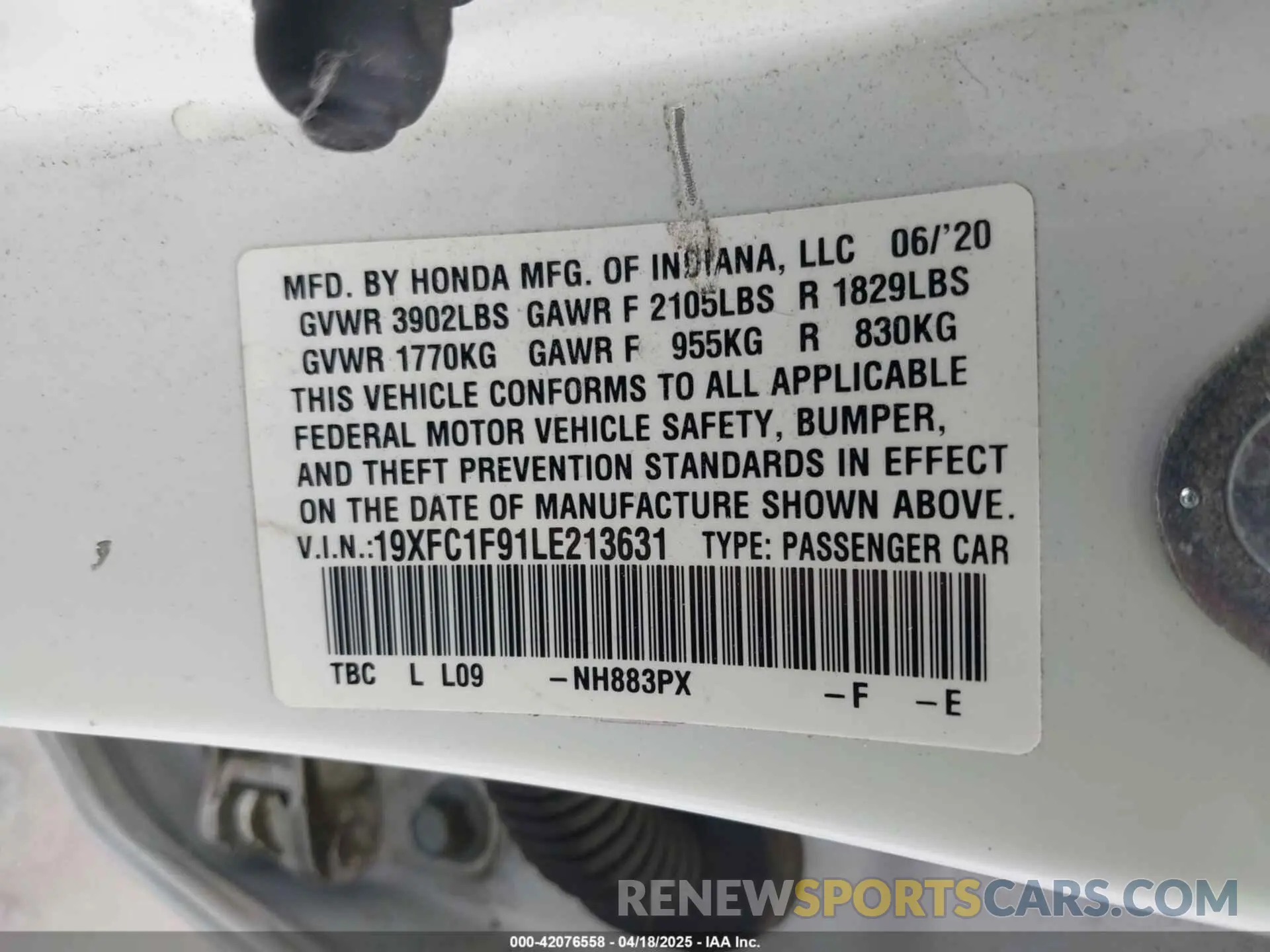 9 fotografías del automóvil dañado 19XFC1F91LE213631 HONDA CIVIC 2020