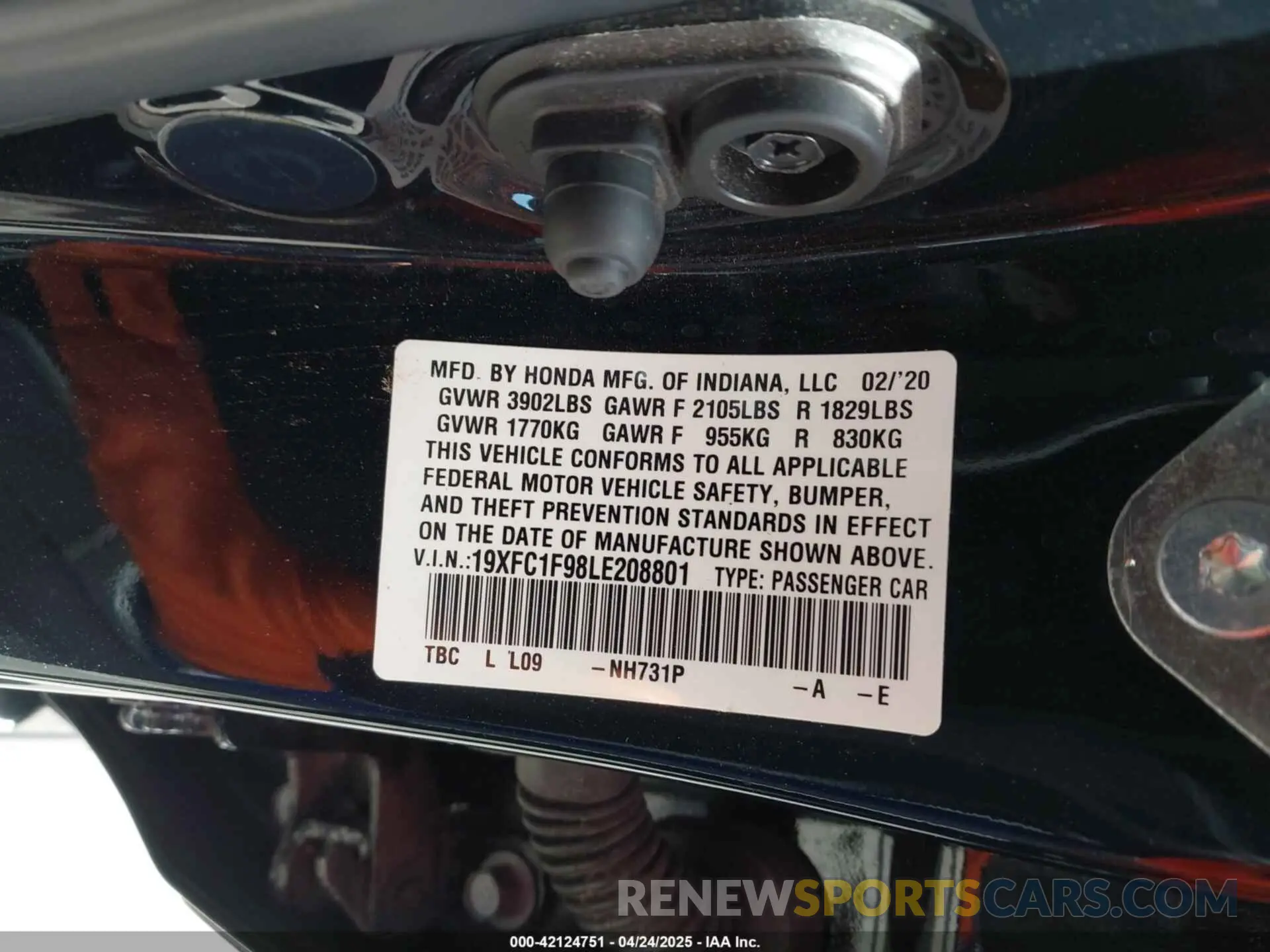 9 fotografías del automóvil dañado 19XFC1F98LE208801 HONDA CIVIC 2020