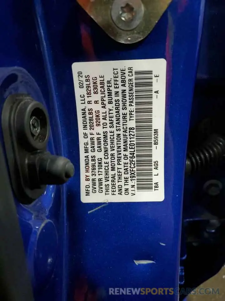 12 fotografías del automóvil dañado 19XFC2F64LE011278 HONDA CIVIC 2020