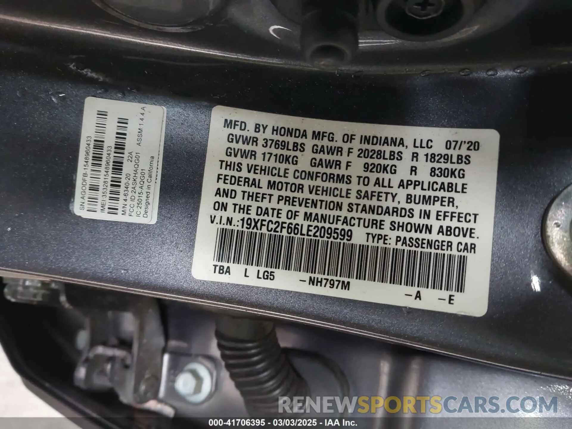 9 fotografías del automóvil dañado 19XFC2F66LE209599 HONDA CIVIC 2020